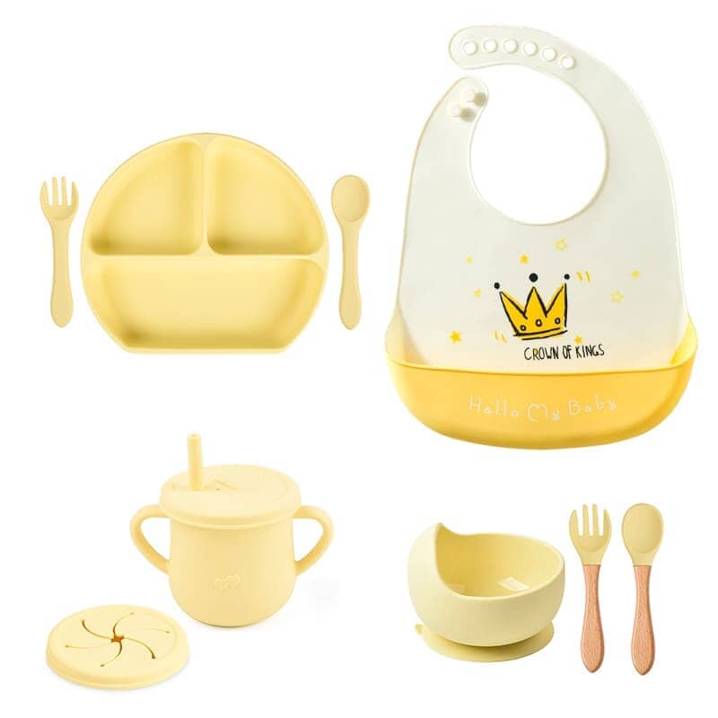 Kit 8 Pçs, Conjunto De Refeição Em Silicone Para Bebê, Prato com Ventosa, 100% Silicone, Babador Com Estampa